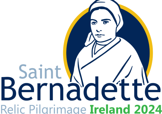 Logo for the Saint Bernadette Relic Pilgrimage in Ireland 2024, featuring an illustration of Saint Bernadette with the event name prominently displayed.