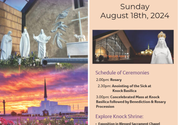 Alt text: Promotional poster for the Elphin Diocesan Pilgrimage to Knock Shrine on August 18, 2024, featuring a schedule of ceremonies including the Rosary, Anointing of the Sick, and Concelebrated Mass. The poster highlights various activities and attractions at Knock Shrine, including self-guided audio tours and a Creation Walk.