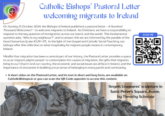 Alt text: Image of the Catholic Bishops' Pastoral Letter titled "A Hundred Thousand Welcomes?" welcoming migrants to Ireland, featuring a QR code for accessing additional content. The letter emphasizes the importance of hospitality and reflection on migration in the context of Christian teachings. A sculpture titled "Angels Unawares" by Timothy Schmalz is depicted in the image, located in Saint Peter's Square, Rome.
