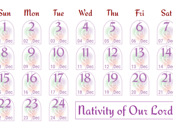 Advent calendar for December, featuring numbered days from 1 to 24, with a decorative title "Nativity of Our Lord" at the bottom, highlighting the countdown to Christmas.