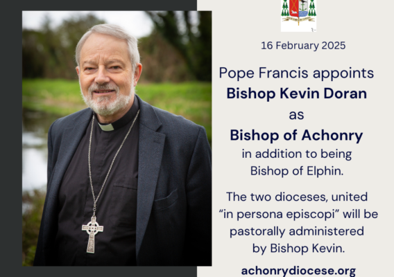 Portrait of Bishop Kevin Doran, appointed by Pope Francis as Bishop of Achonry on February 16, 2025, while continuing his role as Bishop of Elphin. The image features Bishop Doran standing by a river, wearing a clerical collar and a cross, symbolizing his pastoral commitment to both dioceses.