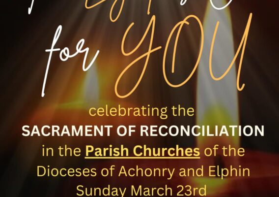 Alt text: Promotional poster for the Sacrament of Reconciliation event in the Dioceses of Achonry and Elphin, scheduled for Sunday, March 23rd, from 3:00 PM to 5:00 PM, featuring the slogan "The Light is On for YOU" and colorful design elements.