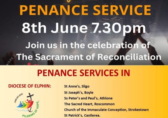 Penance service announcement for Pentecost at Achonry and Elphin, scheduled for June 8th at 7:30 PM, highlighting the celebration of the Sacrament of Reconciliation and listing participating churches in the Dioceses of Elphin and Achonry.