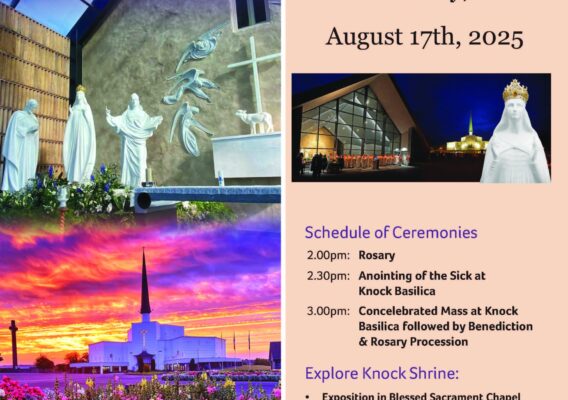 Alt text: Promotional flyer for the Achonry and Elphin Diocesan Pilgrimage to Knock Shrine on August 17, 2025, featuring a schedule of ceremonies including Rosary, Anointing of the Sick, and Concelebrated Mass at Knock Basilica. The flyer highlights activities and resources available at the shrine, such as self-guided tours and prayer sessions.