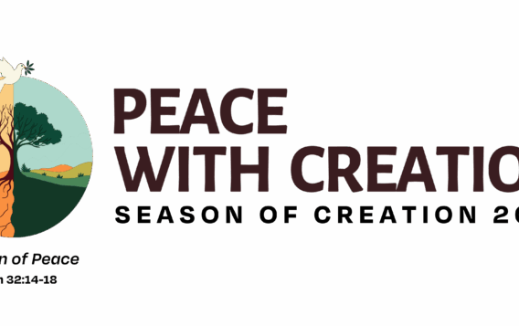 Logo for the "Peace with Creation: Season of Creation 2025" initiative, featuring a split design of a tree representing life and a barren landscape symbolizing environmental challenges. Includes the phrase "Garden of Peace" and a reference to Isaiah 32:14-18.