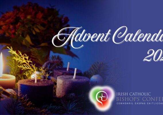 Advent Calendar 2025 image featuring lit candles surrounded by greenery and flowers, promoting the Irish Catholic Bishops' Conference.