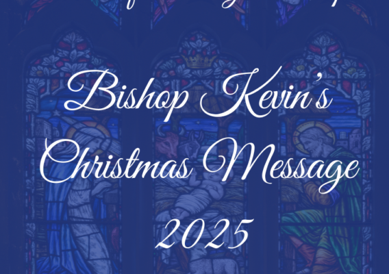 Stained glass window depicting the Christmas message from Bishop Kevin of the Dioceses of Achonry and Elphin for 2025, featuring religious imagery and themes of peace and goodwill.