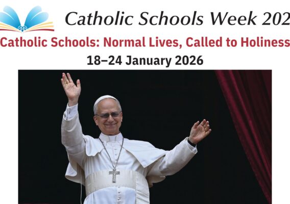 Pope Francis waves from a balcony during Catholic Schools Week 2026, themed "Catholic Schools: Normal Lives, Called to Holiness," taking place from January 18 to January 24, 2026.